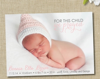 modern birth announcement. custom photo card. photo baby announcement. For this child we prayed