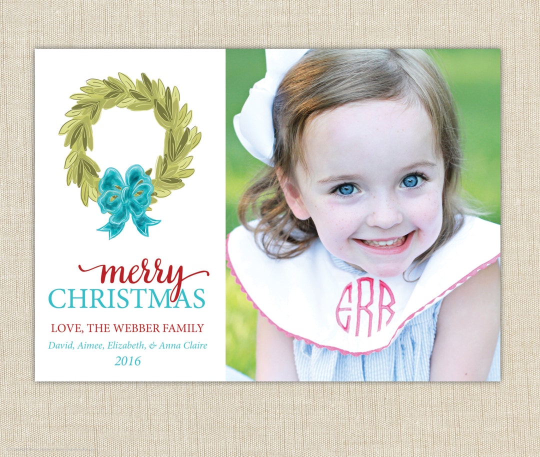 Christmas Card, Christmas Photo Card, Watercolor Wreath, Family Photo