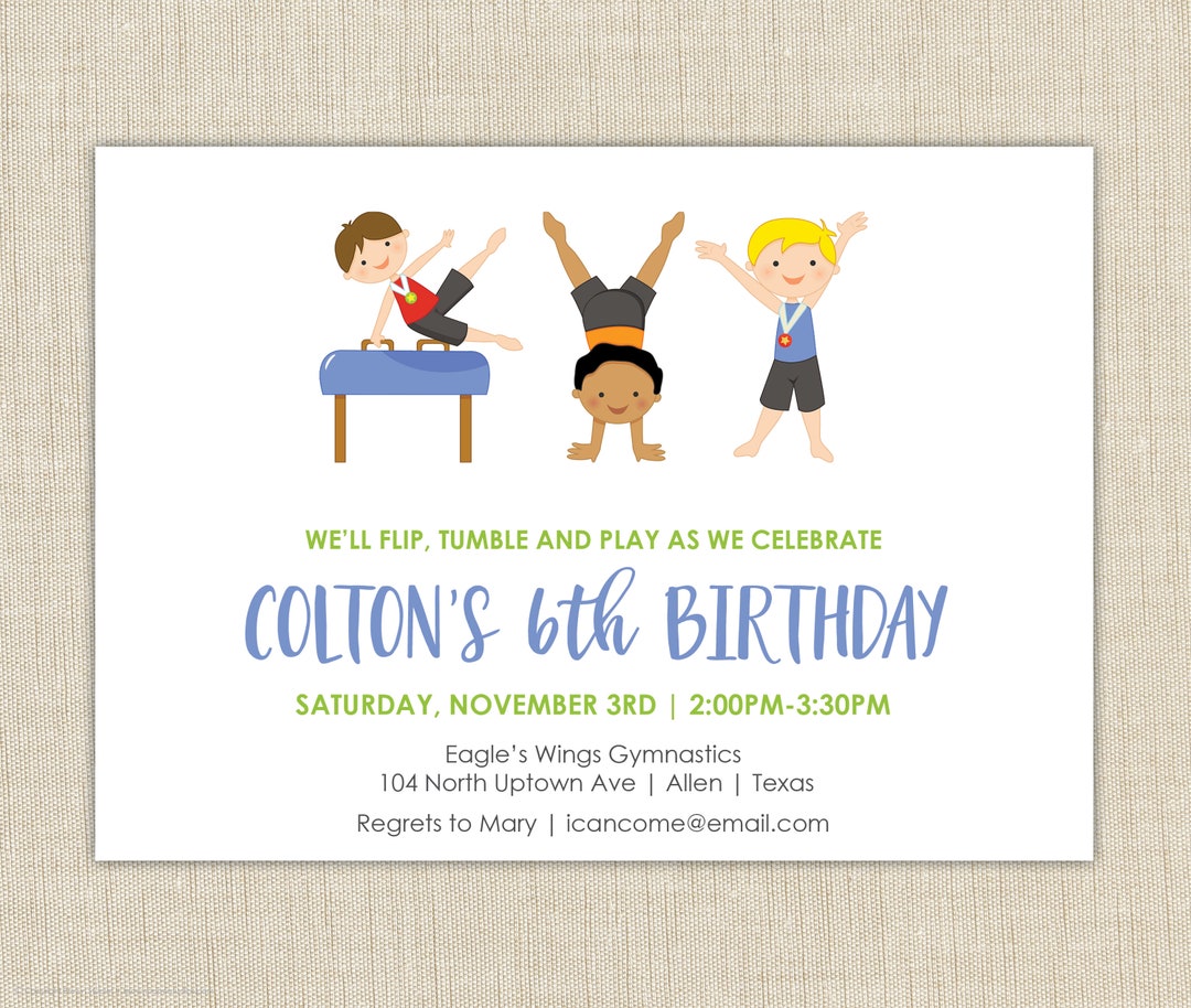 Boy Gymnastics Invitation, Gymnastics Birthday Party, Gymnastics ...
