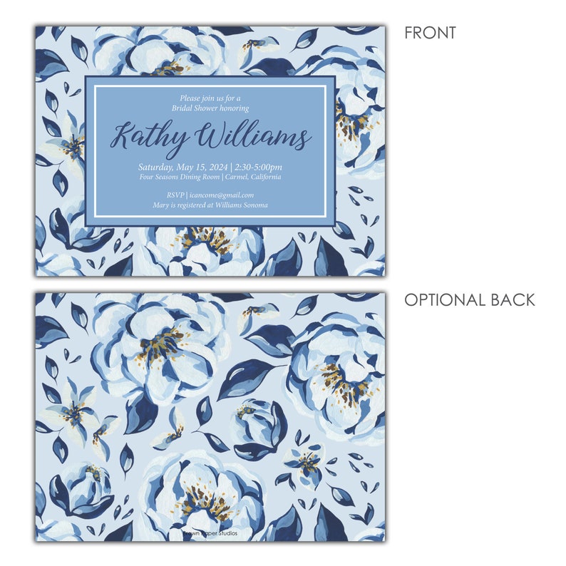 Blue Floral Bridal Shower Invitation Printable digital file or printed invitations image 2