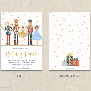 May include: Holiday party invitation featuring watercolor illustrations of nutcrackers and a mouse king. The front of the card has the text "Please join us for a Holiday Party" and event details. The back has gift illustrations and snowflake accents.