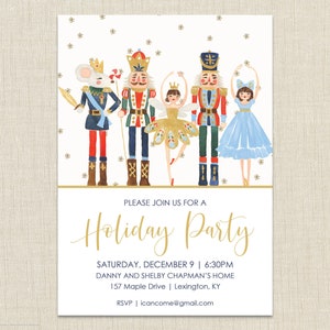 May include: Holiday party invitation featuring watercolor illustrations of Nutcracker characters and snowflakes on a white background. The text reads "Please join us for a Holiday Party" with event details.