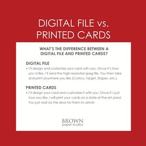May include: A red background with white text that reads "DIGITAL FILE vs. PRINTED CARDS." The image explains the difference between a digital file and printed cards, with details about customization and printing options.