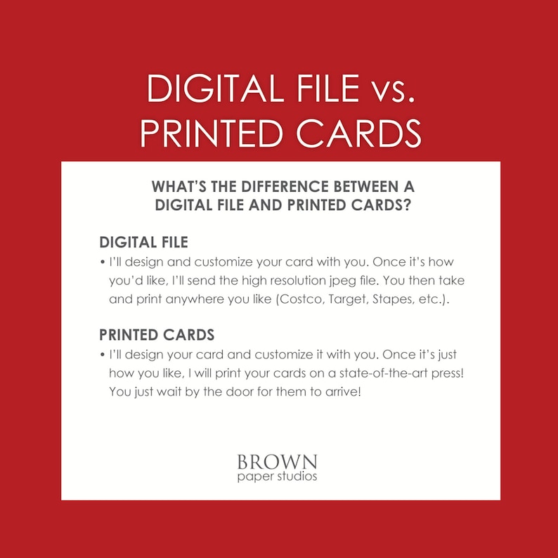 May include: A red background with white text that reads "DIGITAL FILE vs. PRINTED CARDS." The image explains the difference between a digital file and printed cards, with details about customization and printing options.