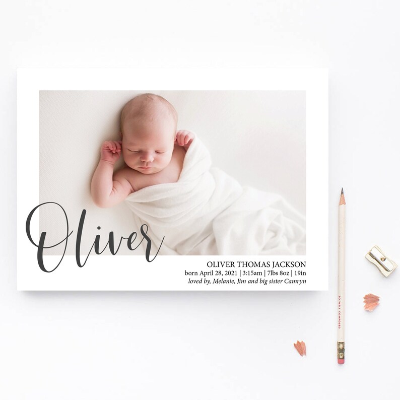 birth announcement card. Modern name Birth Announcement. Printed or digital image 1