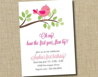 First Birthday Invitation. Bird invitation. oh my how the first year flew by
