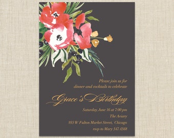 Adult birthday invitations. Watercolor Flower Invitation