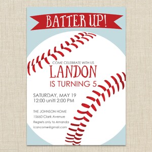 May include: Baseball-themed birthday party invitation with a red and white baseball graphic and the text "Batter Up!"  Come celebrate with us Landon is turning 5. Saturday, May 19 12:00 until 2:00 PM The Johnson Home 15660 Clark Avenue Regrets only to Amanda icancome@gmail.com
