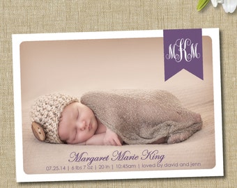 Monogram birth announcement. custom photo card. traditional monogram announcement