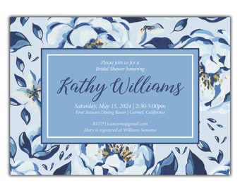 Blue Floral Bridal Shower Invitation - Printable digital file or printed invitations