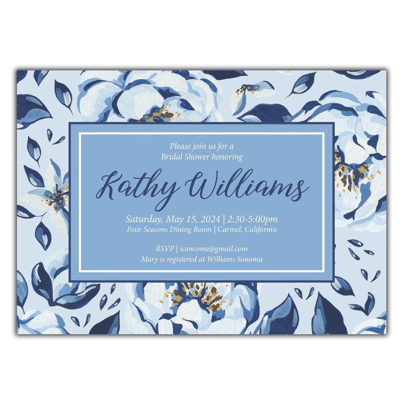 Blue Floral Bridal Shower Invitation Printable digital file or printed invitations image 1