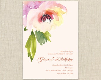 Adult birthday invitations. Watercolor Flower Invitation