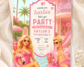 Plantilla de invitación de cumpleaños de Barbie, invitación para fiesta en la piscina de Barbie, invitación editable en Canva, invitación para fiesta en la piscina rosa, invitación de cumpleaños para niñas
