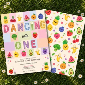 Op de afbeelding: Een verjaardagsuitnodigingskaart met een raster van schattige, lachende fruit- en groentefiguren en de tekst DANCING into ONE, Saylor's First Birthday, Sunday, November 10, 1:00 PM, Saylor's Home, Dancing Fruit Lane, Happy Valley, VIC 3000, RSVP to Mom 0412 345 678.