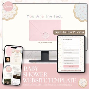 May include: A digital baby shower website template displayed on a computer monitor, a smartphone, and a tablet. The design features a pink envelope with a wax seal, pastel cookie graphics, and a built-in RSVP form with fields for name and meal selection.