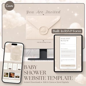 May include: A digital baby shower website template displayed on a computer monitor, a smartphone, and a tablet. The design features a beige color palette with cloud graphics, an envelope with a wax seal, and a built-in RSVP form with text.