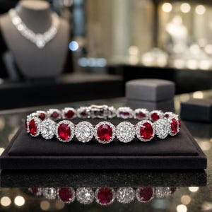 May include: A dazzling bracelet featuring alternating oval-cut red gemstones and round, clear gemstones. The bracelet is displayed on a black surface, showcasing its intricate design and sparkle. A matching necklace is visible in the background.