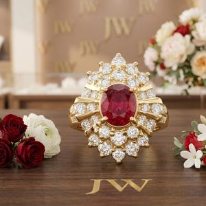 Puede incluir: Un anillo de oro con una gran piedra roja de talla ovalada en el centro, rodeada por un doble halo de diamantes blancos redondos de talla brillante. El engaste es complejo con garras de oro y detalles metálicos radiantes.