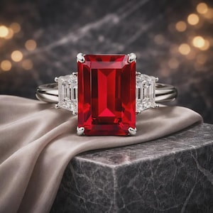 Op de afbeelding: Een zilveren ring met een grote, rechthoekige, levendige rode edelsteen als middelpunt, geflankeerd door twee kleinere, heldere, rechthoekige stenen. De ring is geplaatst op een marmeren oppervlak met een zachte, gedrapeerde stof.