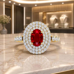 May include: A gold ring featuring a central oval-cut red ruby surrounded by a double halo of small round white diamonds. The band is crafted from yellow gold and is also set with a row of small round white diamonds on each side of the setting.