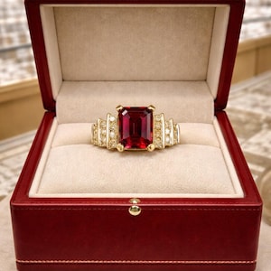 May include: A gold ring with a large, rectangular, deep red gemstone set in the center. The ring is flanked by smaller diamonds and is presented in an open, red leather jewelry box with a cream-colored interior.
