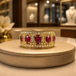 Op de afbeelding: Een brede gouden ring met een reeks ovaal geslepen rode robijnen die verticaal zijn geplaatst tussen kolommen van kleine ronde witte diamanten, met extra rijen pavé-gezette diamanten langs de boven- en onderrand van de band.