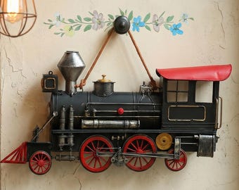 Vintage Locomotive Metal Wall Decor, Industrial Steam Engine Art, Farmhouse Train Hanging