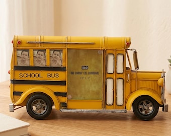 Vintage Yellow School Bus Photo Frame, Industrial Metal Desk Decor, Retro Wall Hanging