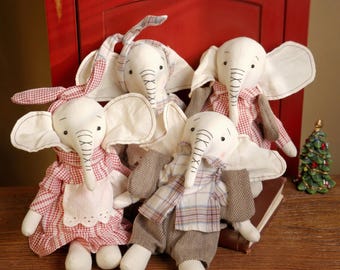 Handmade Linen Cotton Elephant Doll, Rustic Stuffed Animal Decor, Nursery Toy Ornament