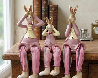 Resin Rabbit Shelf Sitter Figurine: Hand-Painted Cottagecore Animal Decor