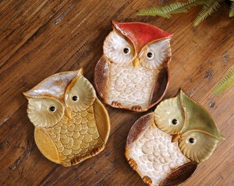 Handcrafted Ceramic Owl Tray: Underglaze Pottery Key Bowl, Jewelry Holder, Decorative Plate