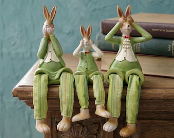 Hand-Painted Rabbit Shelf Sitter Figurine – Cottagecore Spring Nursery Decor