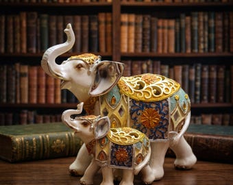 Resin Elephant Family Figurines, Ornate Ivory and Gold Decor