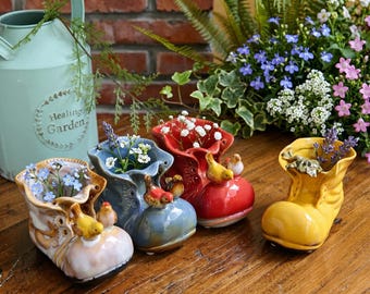Handcrafted Ceramic Boot Planter with 3D Animals, Whimsical Succulent Pot, Cottagecore Decor