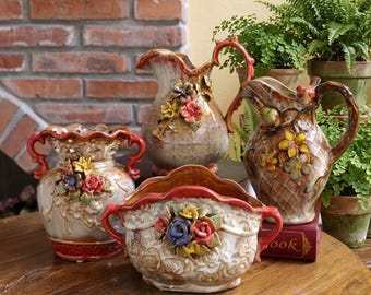 3D Embossed Floral Ceramic Pitcher Vase – Cottagecore European Rustic Home Decor