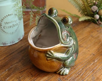 Ceramic Frog Planter, Coin Bank, Key Catchall, Desk Pen Holder, Whimsical Animal Decor