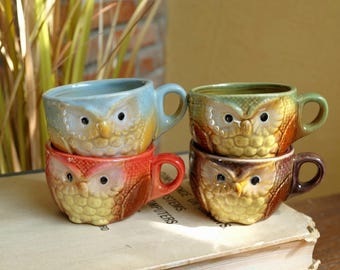 Handmade Ceramic Owl Mug, Underglaze Painted Coffee Cup, Rustic Pottery Drinkware Ornament