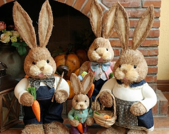 Handcrafted Straw Bunny Couple Decor: 65cm Rustic Farmhouse Figurines, Cottagecore Spring Easter Home Gift