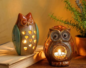 Handcrafted Ceramic Owl Tea Light Holder: Rustic Woodland Candle Lantern