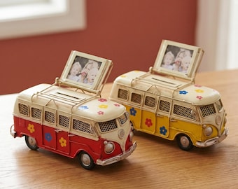Vintage Iron Bus Photo Frame Coin Bank, Retro Floral Kids Room Decor