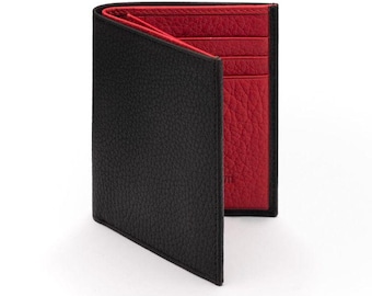 Cartera plegable de cuero genuino hecha a mano – Bicolor negro y rojo, delgada y compacta, 6 ranuras para tarjetas