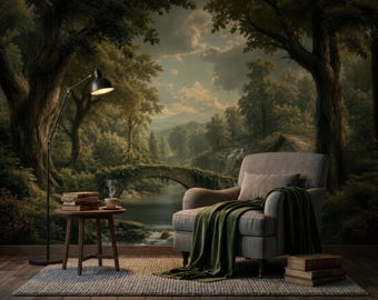 Vintage Forest Peel and Stick Wallpaper Non Woven Old Bridge Scenic Wall Mural