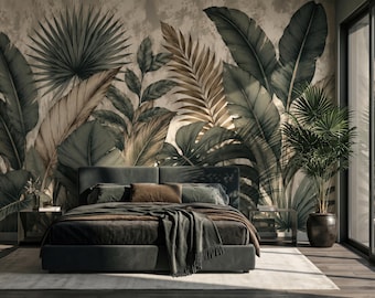 Carta da parati adesiva con foglie tropicali, murale botanico in tessuto non tessuto, decorazione murale vintage con palme.