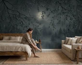 Misty Forest Moon Wallpaper, Peel and Stick Foggy Trees Mural, Non Woven Wall Decor