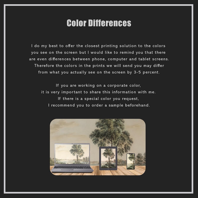May include: Image with the text "Color Differences" and a message about color variations in prints. It shows a laptop, tablet, and phone displaying the same image of a tree, emphasizing potential color discrepancies across devices.