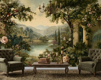 Peacock & Floral Garden Wallpaper, Vintage Landscape, Peel and Stick Mural, Nature Scene Decor