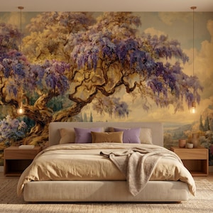 May include: A bedroom featuring a large mural of a tree with purple flowers and a landscape background. The bed has a beige comforter, pillows, and a throw blanket. Two wooden nightstands flank the bed, and the room has a neutral color palette.