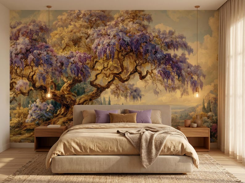 May include: A bedroom featuring a large mural of a tree with purple flowers and a landscape background. The bed has a beige comforter, pillows, and a throw blanket. Two wooden nightstands flank the bed, and the room has a neutral color palette.