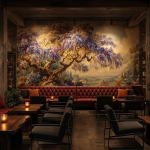 May include: An interior shot of a dimly lit lounge with a large mural of a tree in full bloom. The room features red leather seating, wooden tables, and black chairs. Candles provide soft lighting, creating a warm and inviting atmosphere.