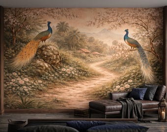 Peacock Wallpaper Mural, Vintage Chinoiserie Peel and Stick, Floral Landscape Wallpaper